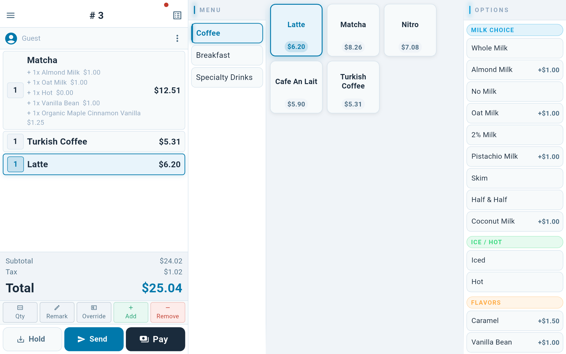 Order entry screen showing modifiers and running check